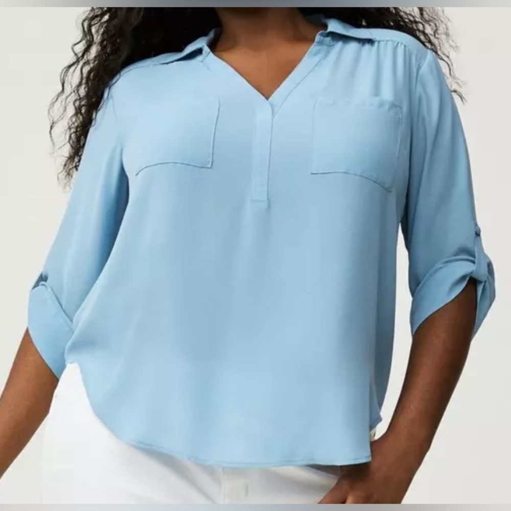#x166 - Torrid Harper Georgette Collared 3/4 Sleeve Blouse Mountain Spring Blue - Picture 3 of 12